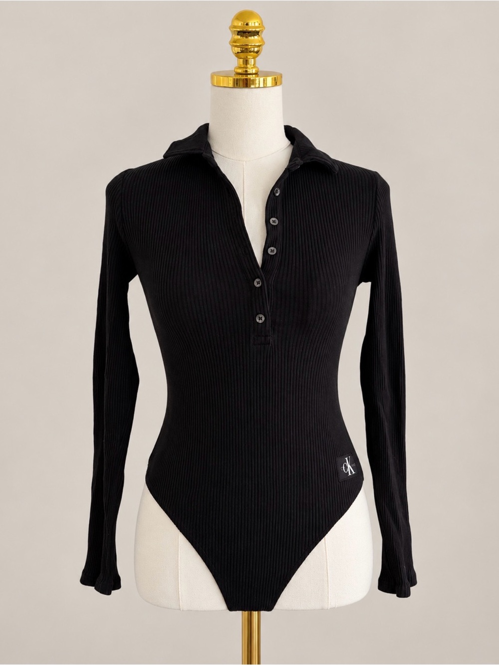 Calvin Klein Black Ribbed Long-Sleeve Henley Bodysuit